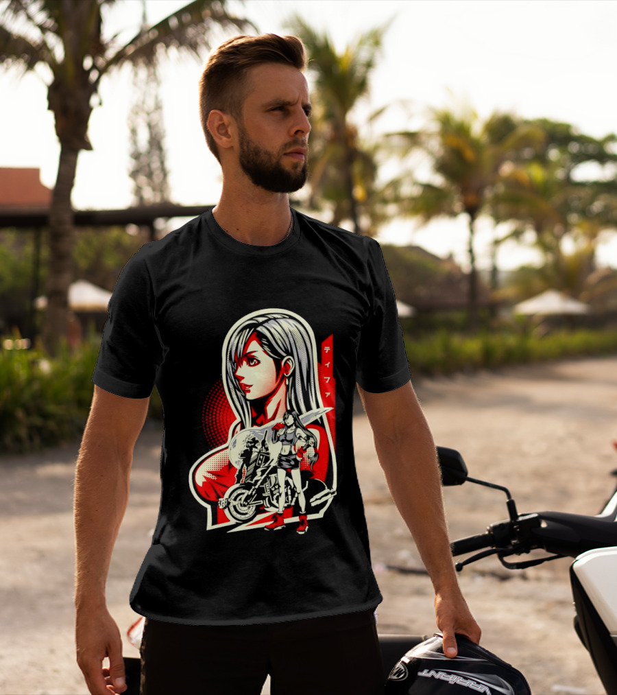 Tifa Lockhart Iconic Final Fantasy Character With Motorcycle And Katana T-Shirt
