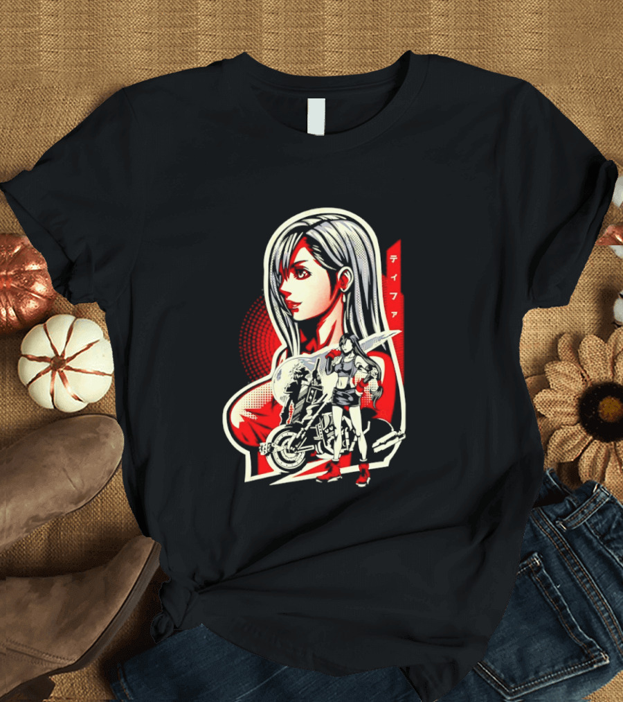 Tifa Lockhart Iconic Final Fantasy Character With Motorcycle And Katana T-Shirt