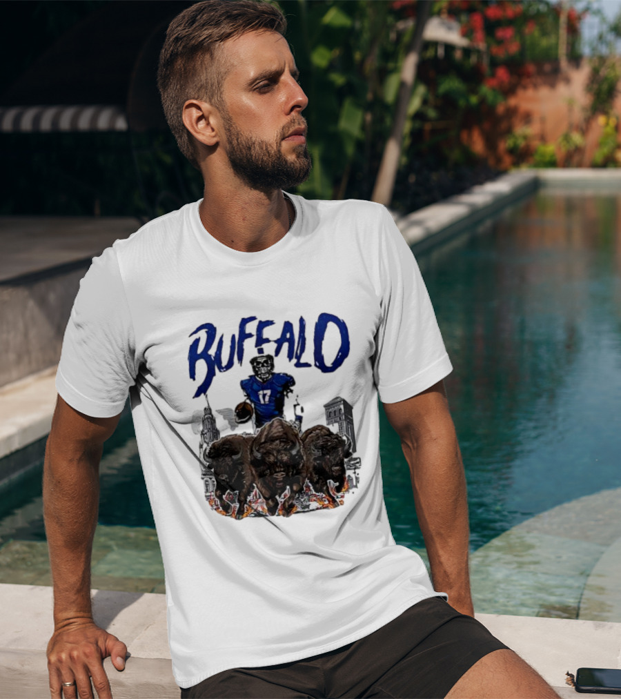 Buffalo Football Skeleton 17 With Charging Bison And City Skyline T-Shirt