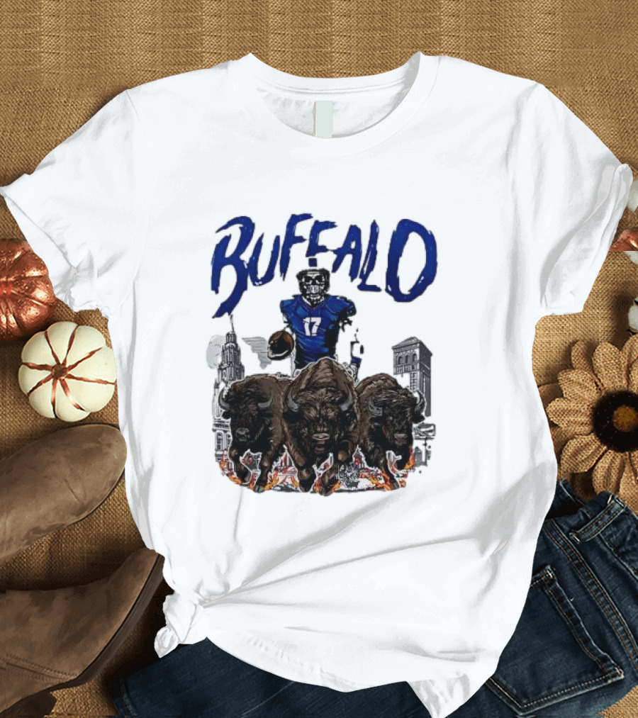 Buffalo Football Skeleton 17 With Charging Bison And City Skyline T-Shirt
