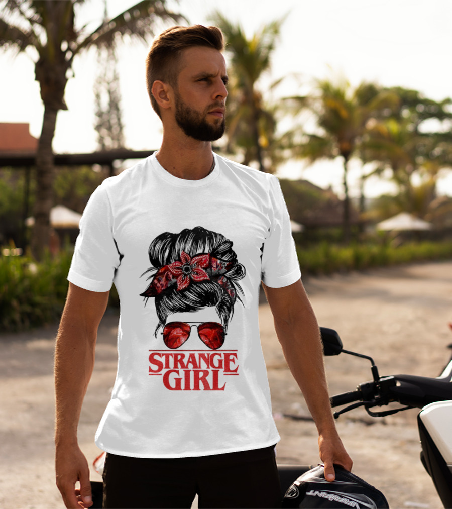 Strange Girl Red Floral Hair Scarf Messy Bun T-Shirt