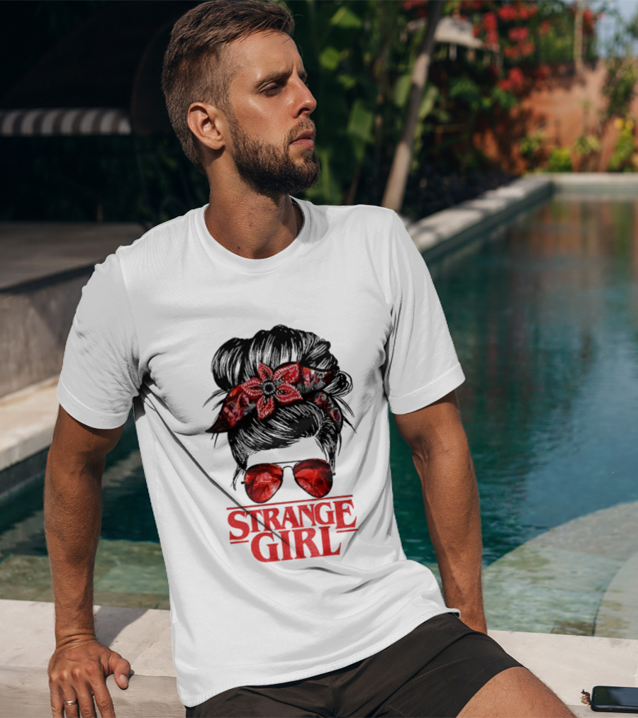 Strange Girl Red Floral Hair Scarf Messy Bun T-Shirt