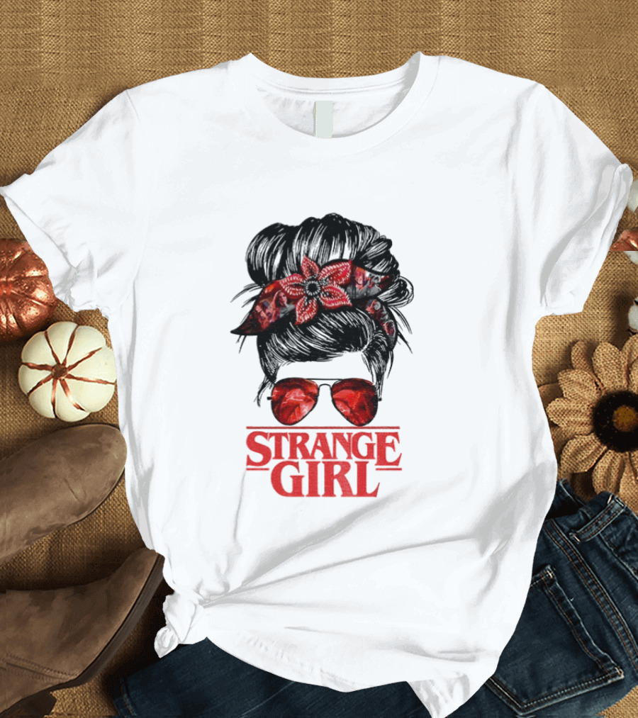 Strange Girl Red Floral Hair Scarf Messy Bun T-Shirt