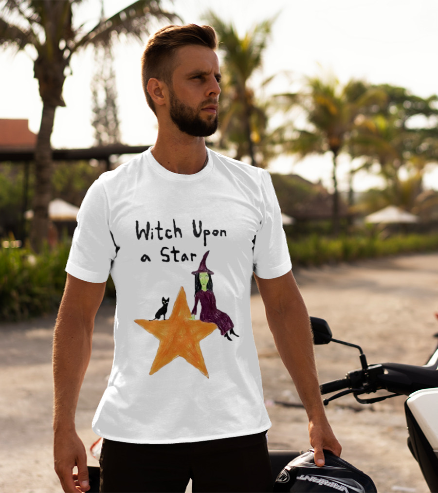 Witch Upon A Star Green Witch Purple Hat Orange Star Black Cat T-Shirt