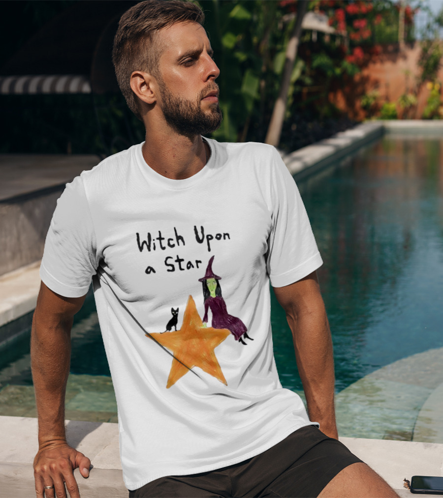Witch Upon A Star Green Witch Purple Hat Orange Star Black Cat T-Shirt