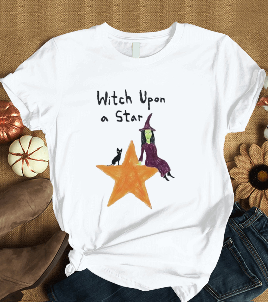 Witch Upon A Star Green Witch Purple Hat Orange Star Black Cat T-Shirt