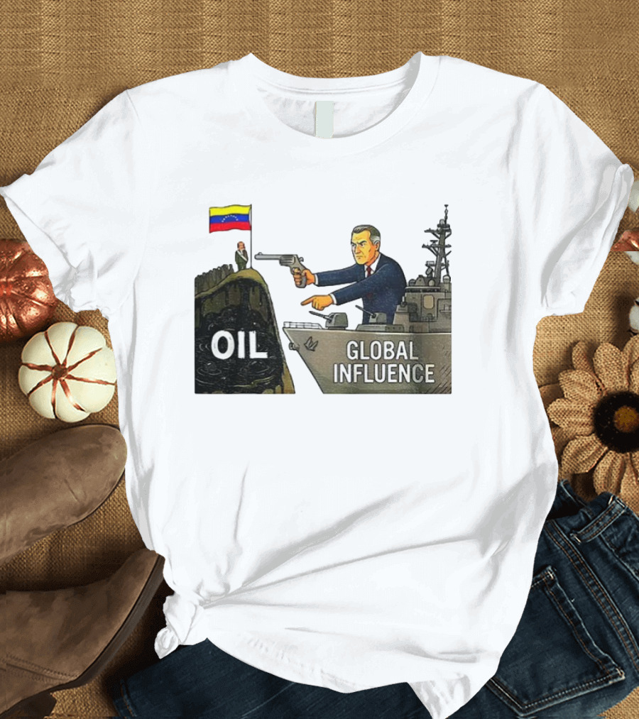 USA Venezuela Oil Conflict Political Satire Global Influence Cartoon Flags Gun Ship T-Shirt