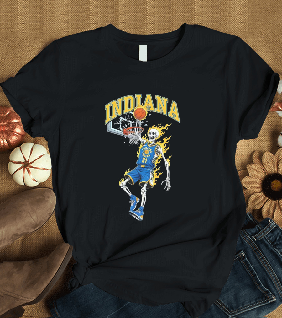 Indiana Pacers Skeleton Basketball Dunk In Flames T-Shirt