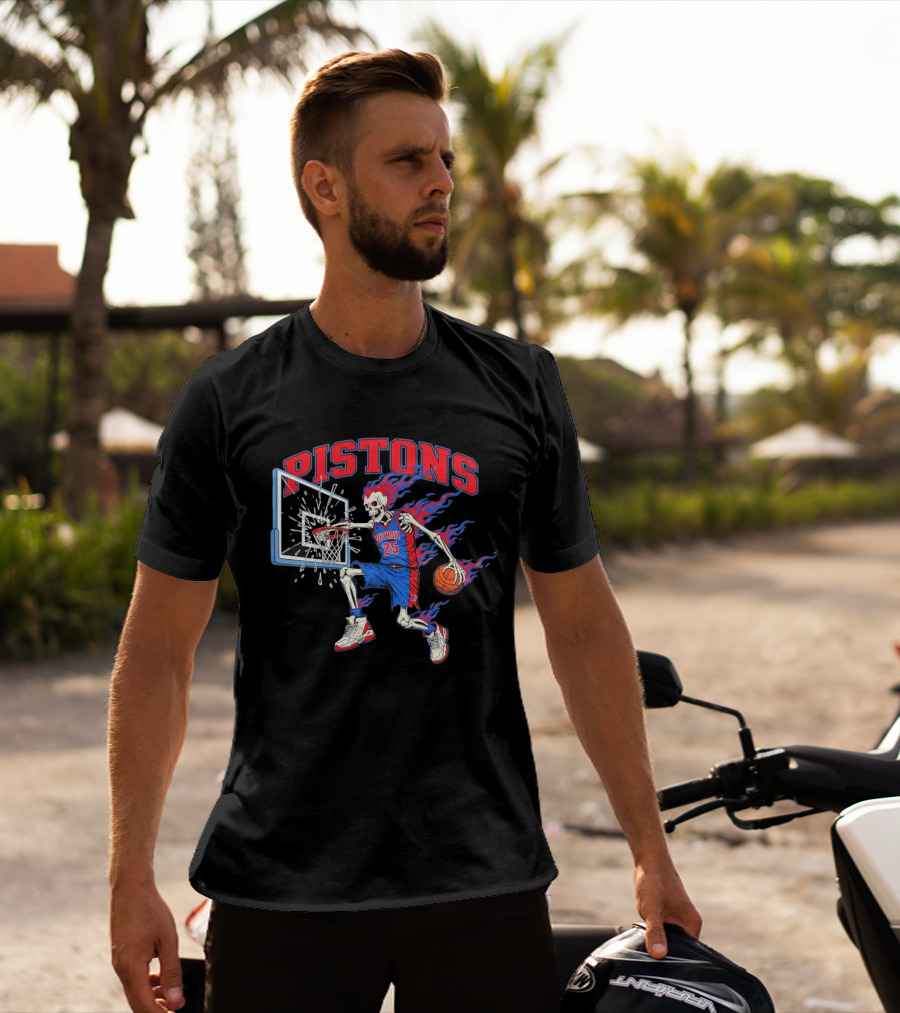 Detroit Pistons Skeleton Basketball Player With Flame Hair Dunking T-Shirt
