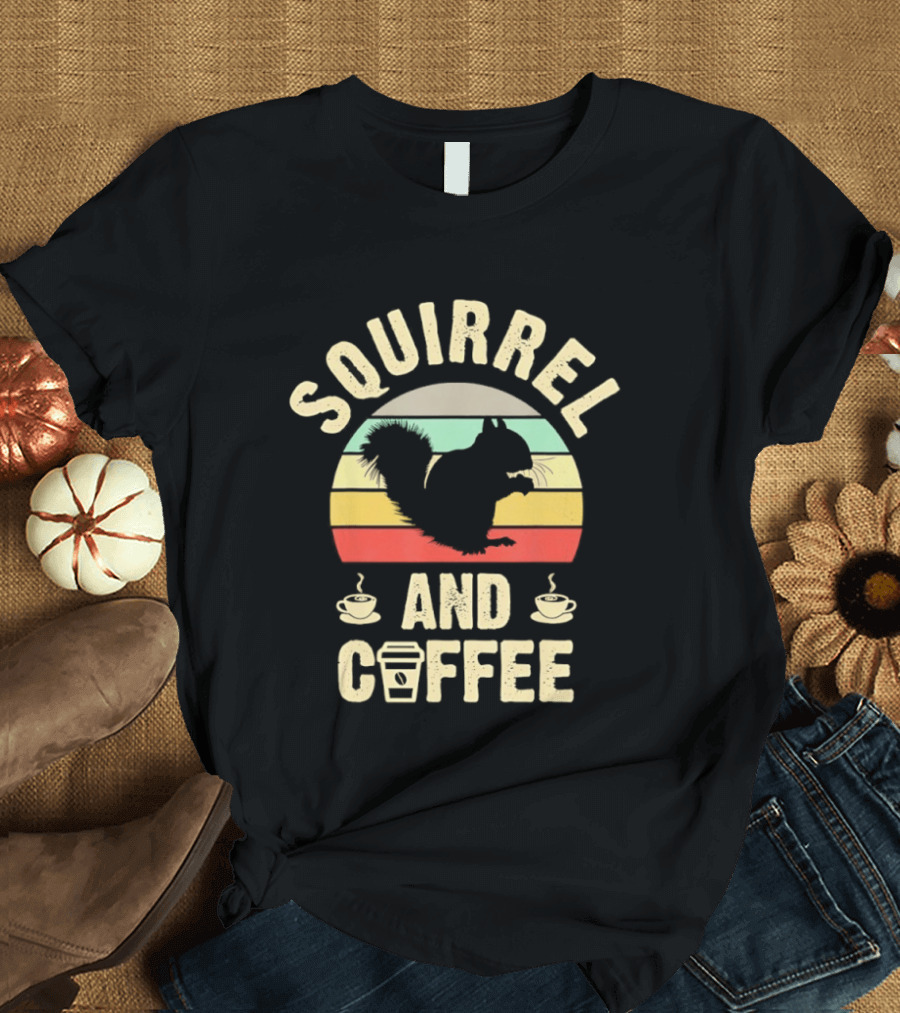 Squirrel And Coffee Retro Sunset Silhouette With Cups And Takeaway T-Shirt