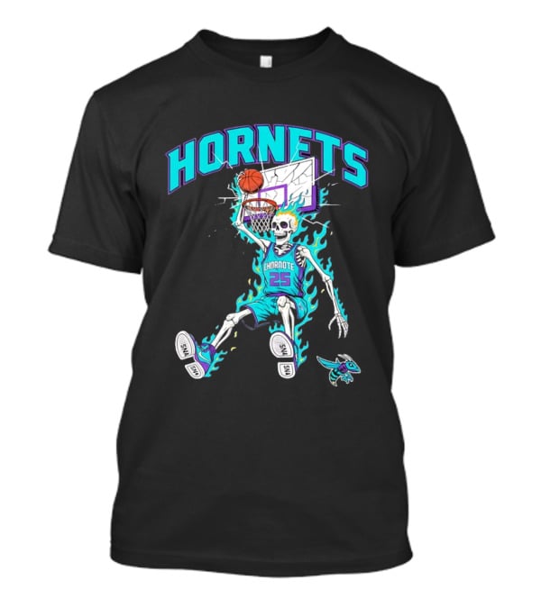 Charlotte Hornets Skeleton Dunking Basketball Retro Style Flame T-Shirt