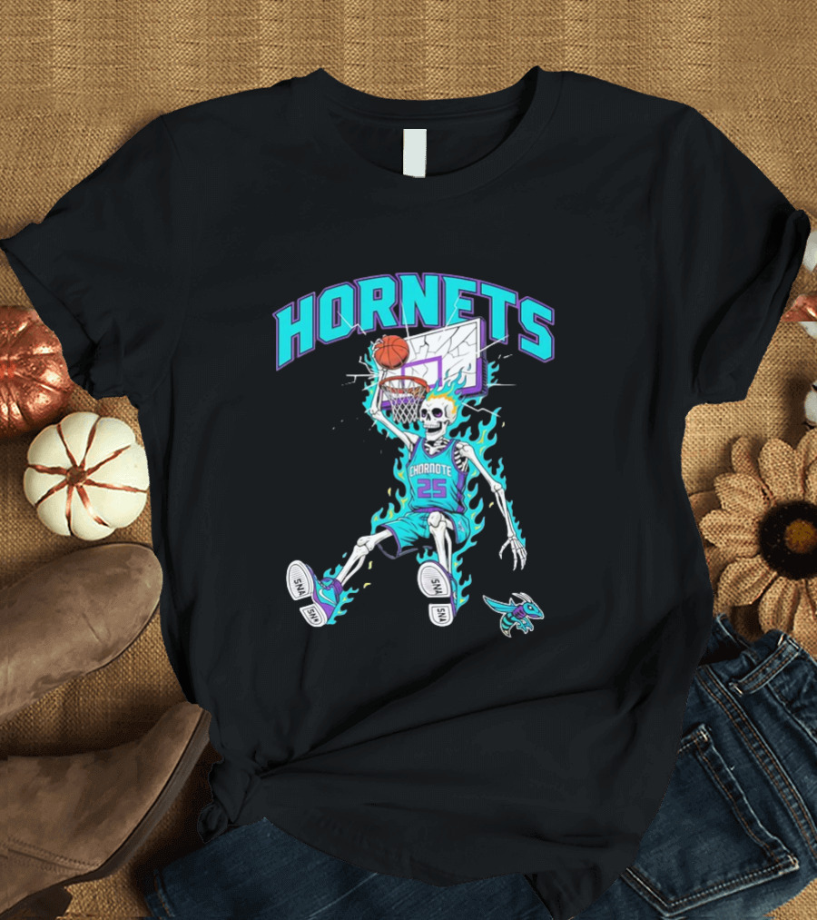 Charlotte Hornets Skeleton Dunking Basketball Retro Style Flame T-Shirt