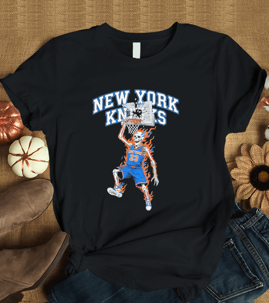 New York Knicks Basketball Skeleton Player Dunking Fire 23 T-Shirt