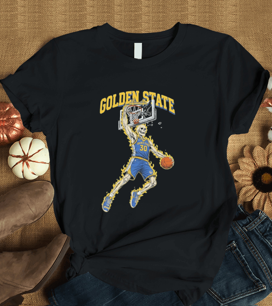 Golden State Warriors Basketball Skeleton Player Slam Dunk Fire T-Shirt