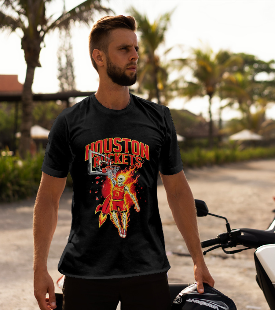 Houston Rockets Basketball Flaming Skeleton Player Dunking T-Shirt