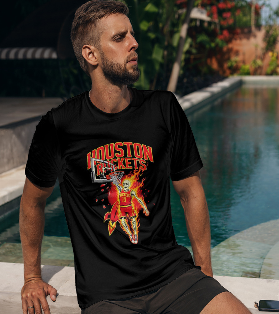 Houston Rockets Basketball Flaming Skeleton Player Dunking T-Shirt