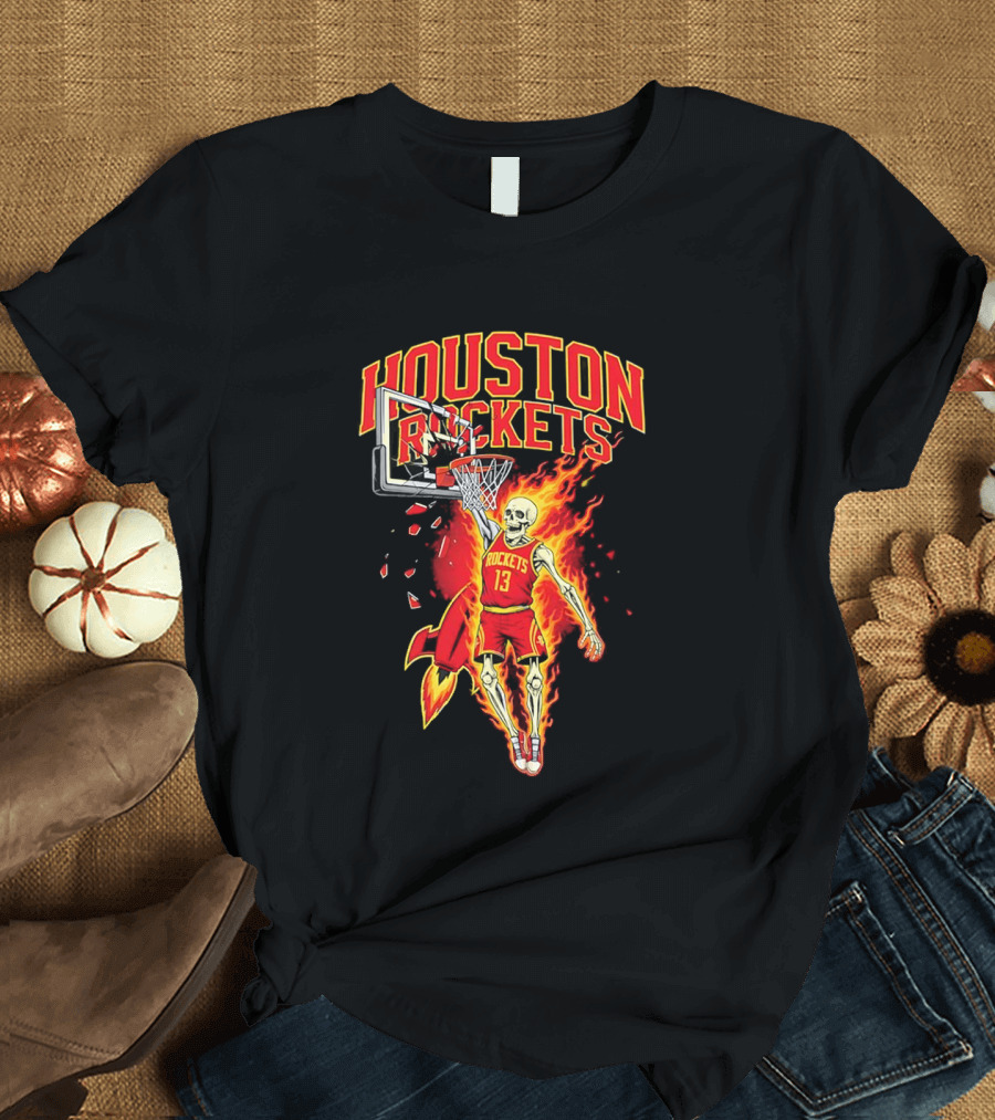 Houston Rockets Basketball Flaming Skeleton Player Dunking T-Shirt