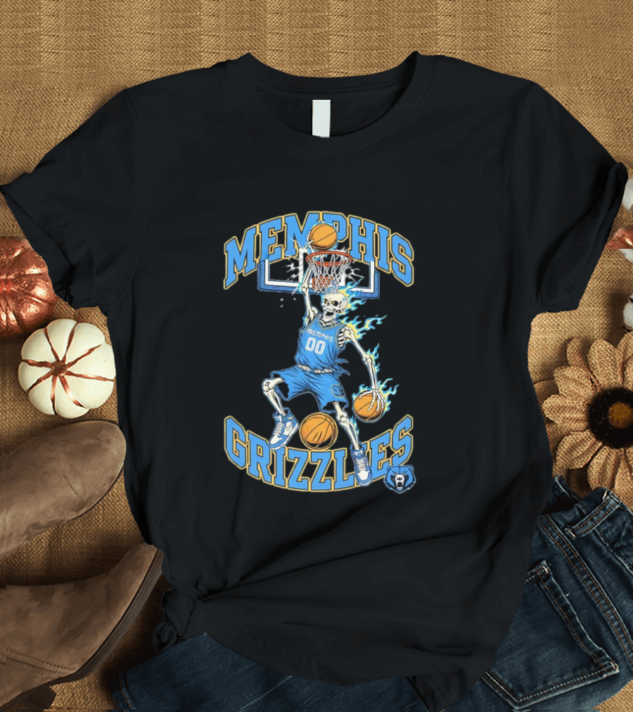 Memphis Grizzlies Basketball Skeleton Player Slam Dunking With Flames T-Shirt