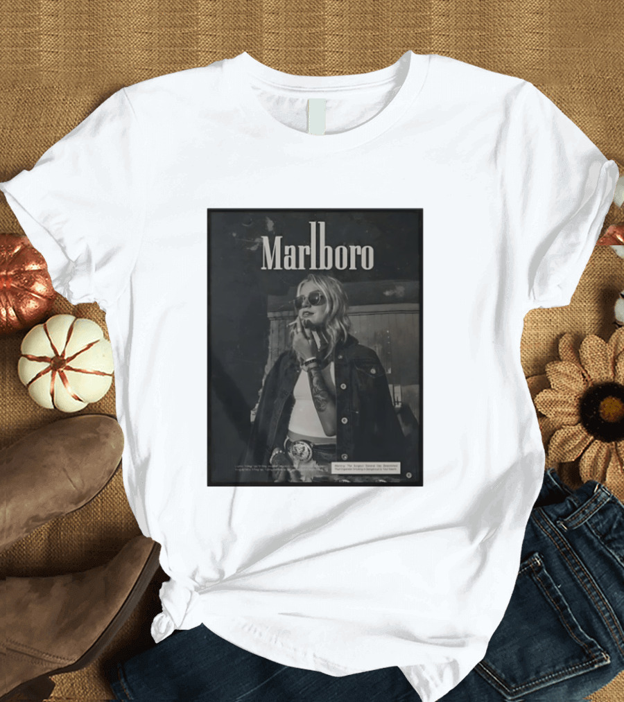 Marlboro Woman Smoking Retro Style Sunglasses Denim Jacket T-Shirt