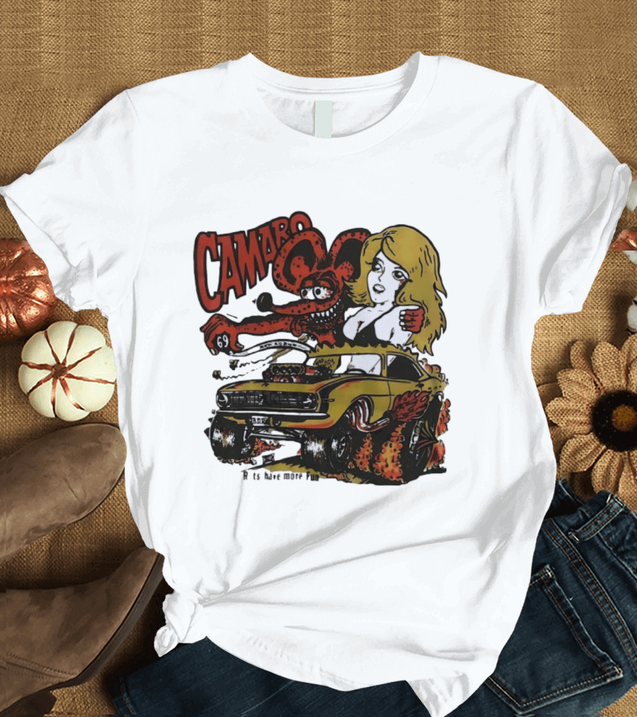 Camaro 69 Rats Have More Fun Blonde Lady Hot Rod Cartoon T-Shirt