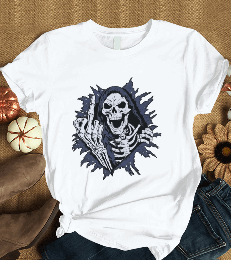 Worry Club Bone Daddy Skeleton Middle Finger Grinning Reaper T-Shirt