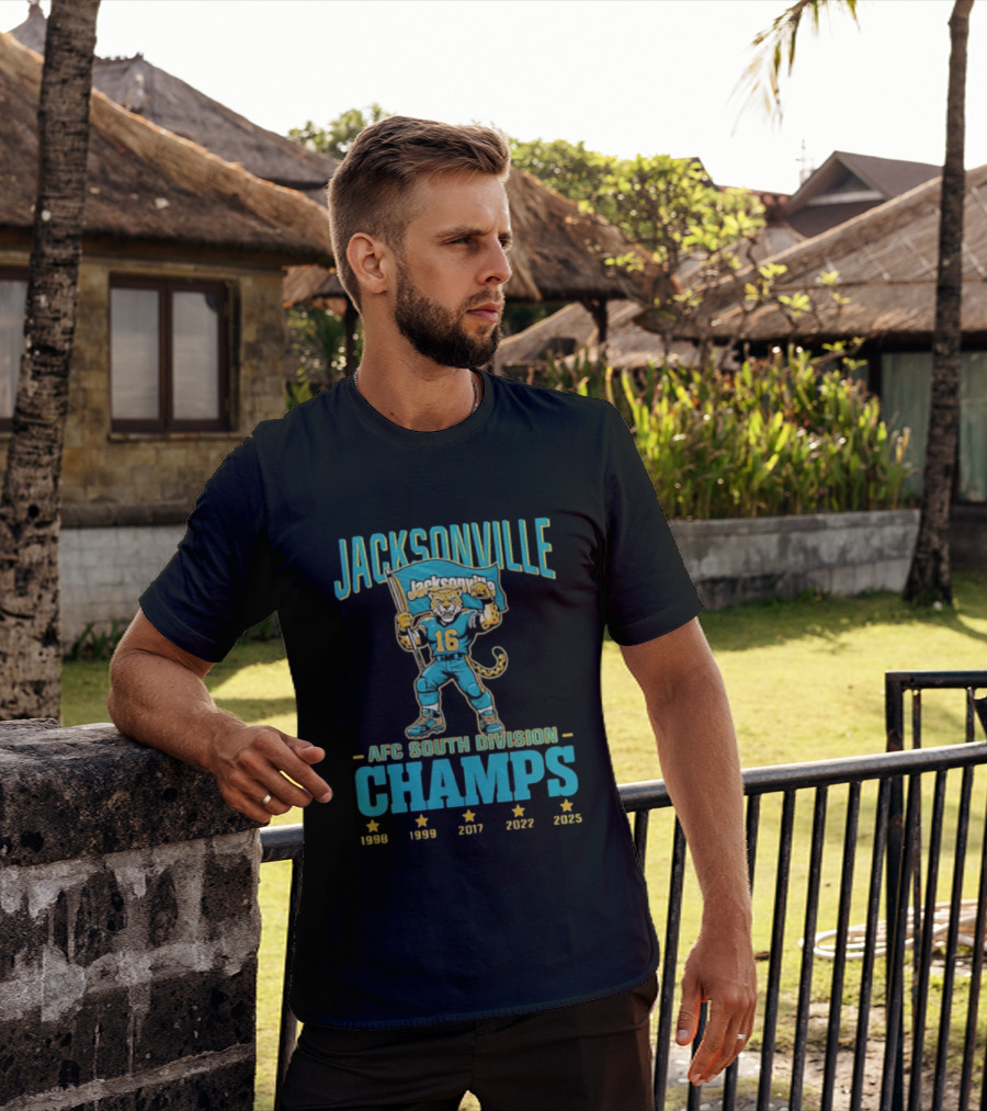 Jacksonville Jaguars Mascot 16 Holding Flag AFC South Division Champs 1998 1999 2017 2022 2023 T-Shirt