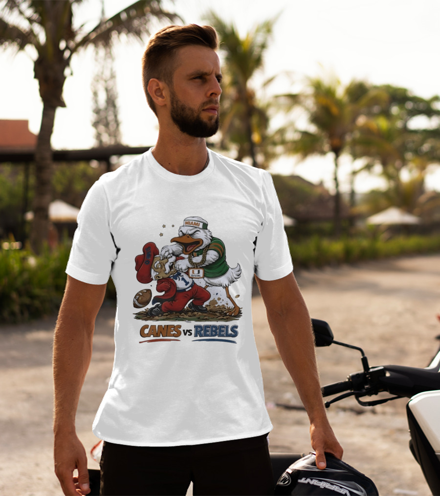 Miami Hurricanes Vs Ole Miss Rebels Mascot Showdown CFP Semifinal Vrbo Fiesta Bowl 2026 T-Shirt