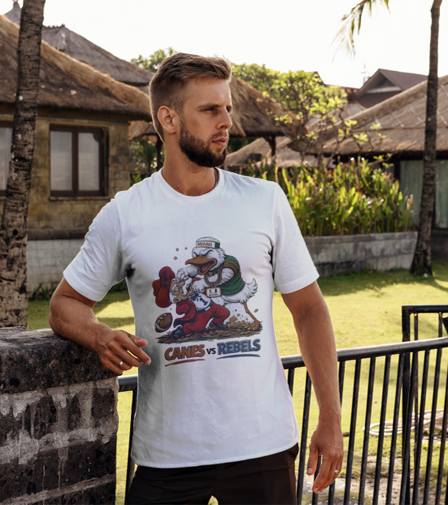 Miami Hurricanes Vs Ole Miss Rebels Mascot Showdown CFP Semifinal Vrbo Fiesta Bowl 2026 T-Shirt