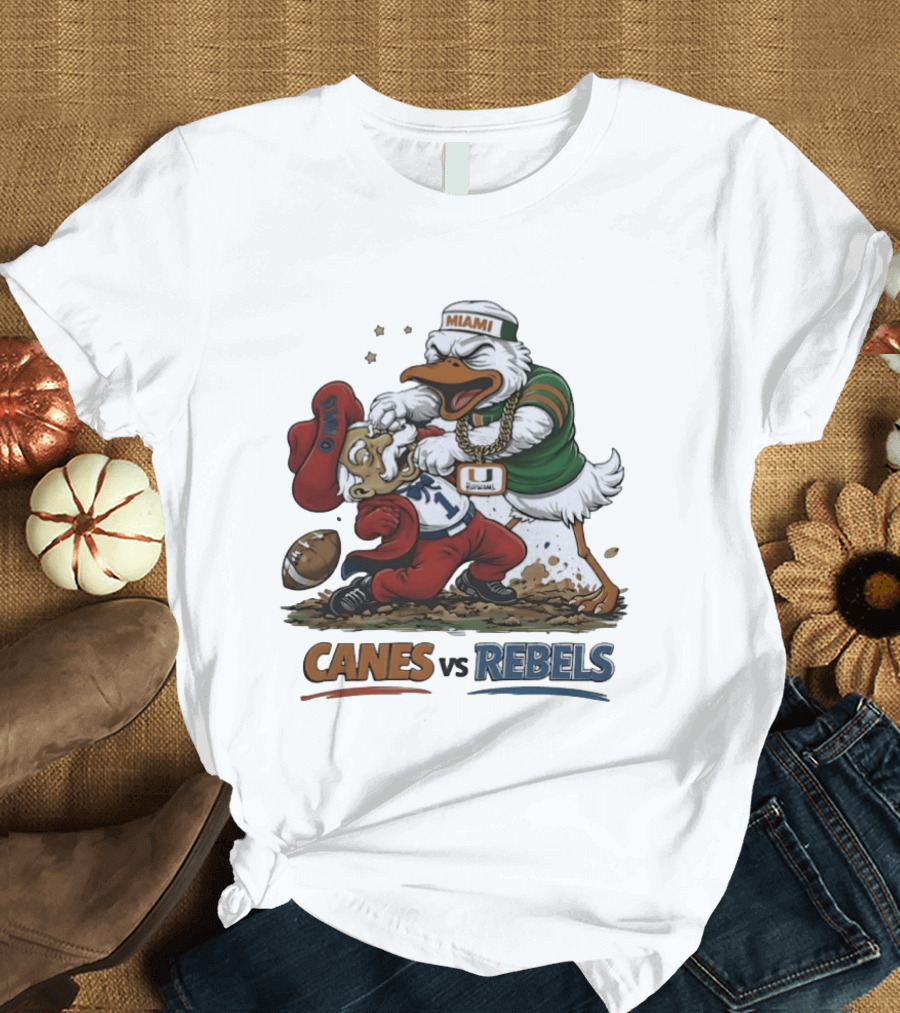 Miami Hurricanes Vs Ole Miss Rebels Mascot Showdown CFP Semifinal Vrbo Fiesta Bowl 2026 T-Shirt
