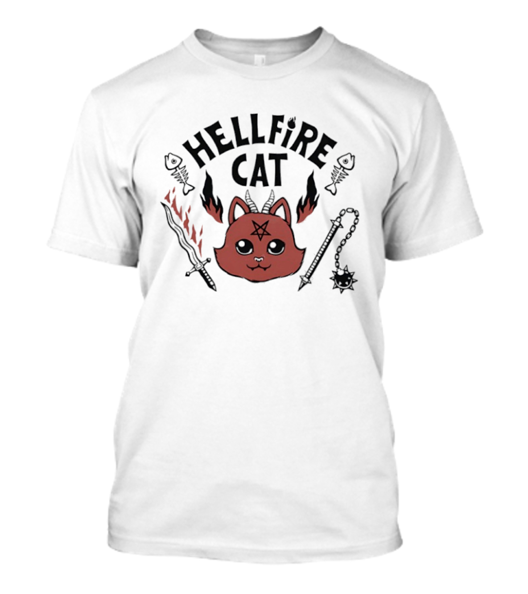 Hellfire Cat Satanicat Joke Club Funny Pentagram Cat With Flaming Sword And Fish Bones T-Shirt