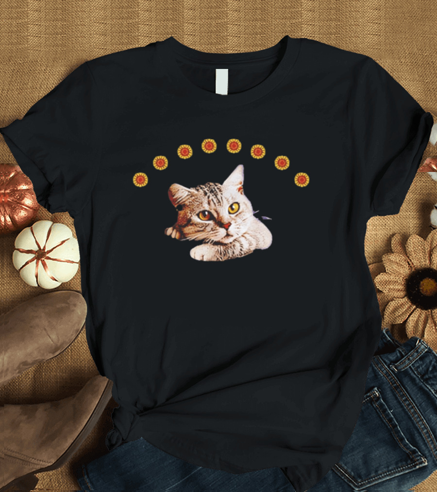 Sunflower Cat Whimsical Feline Surrounded By Flowers T-Shirt