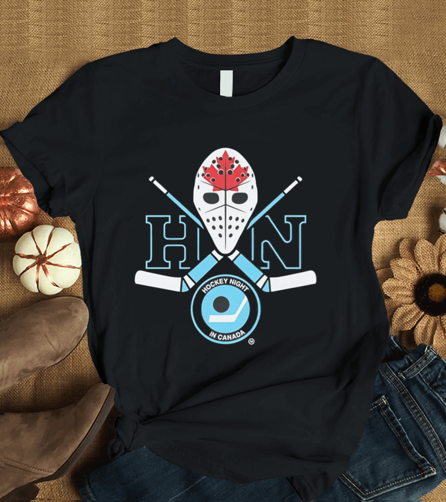 HN Hockey Night Canada Mask Crossed Sticks Maple Leaf Puck T-Shirt