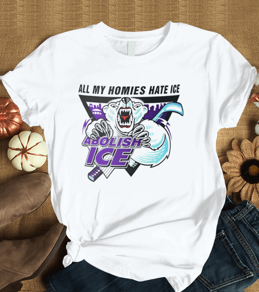 Abolish Ice All My Homies Hate Ice Polar Bear Hockey Rink Indianapolis Skyline T-Shirt