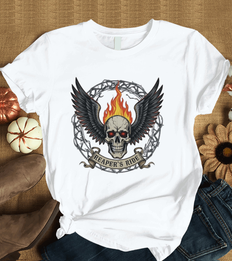 Flaming Skull With Wings Reaper's Ride T-Shirt