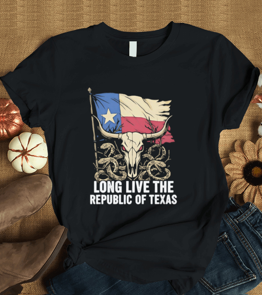 Texas Flag Skull With Snake Long Live The Republic Of Texas T-Shirt