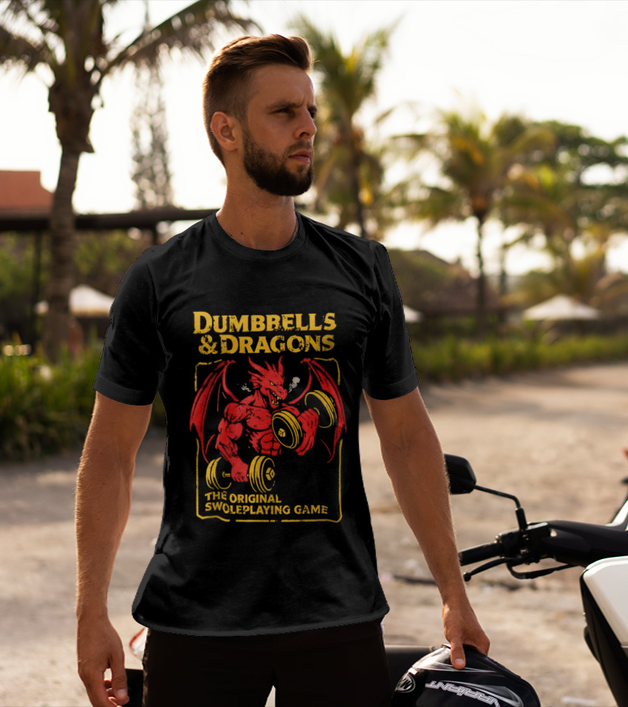 Dumbbells And Dragons The Original Swoleplaying Game Red Dragon Lifting Weights T-Shirt