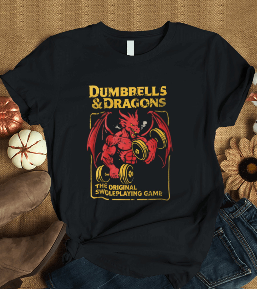 Dumbbells And Dragons The Original Swoleplaying Game Red Dragon Lifting Weights T-Shirt