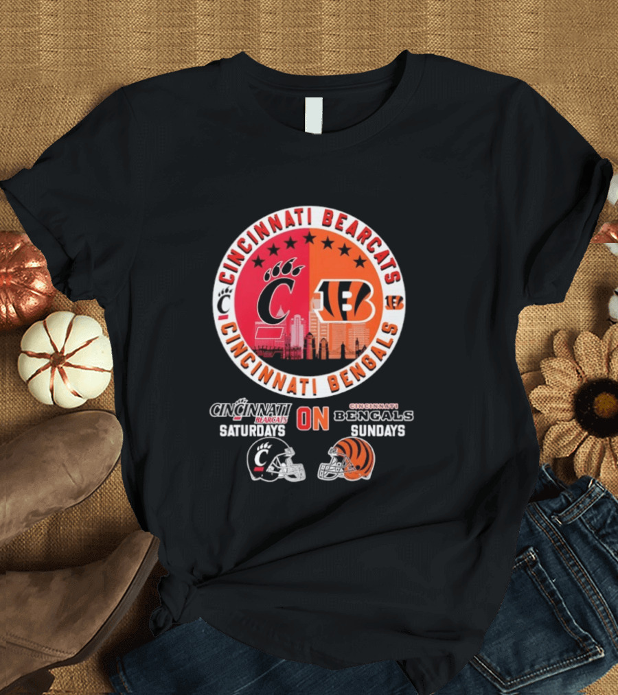 Cincinnati Bearcats Saturdays Cincinnati Bengals Sundays Helmet Mashup T-Shirt