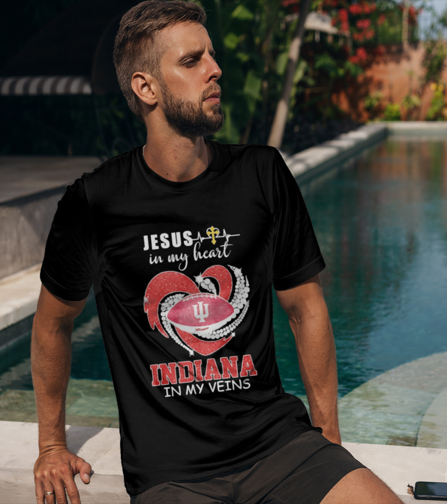 Jesus In My Heart Indiana In My Veins IU Football Heartbeat Cross T-Shirt