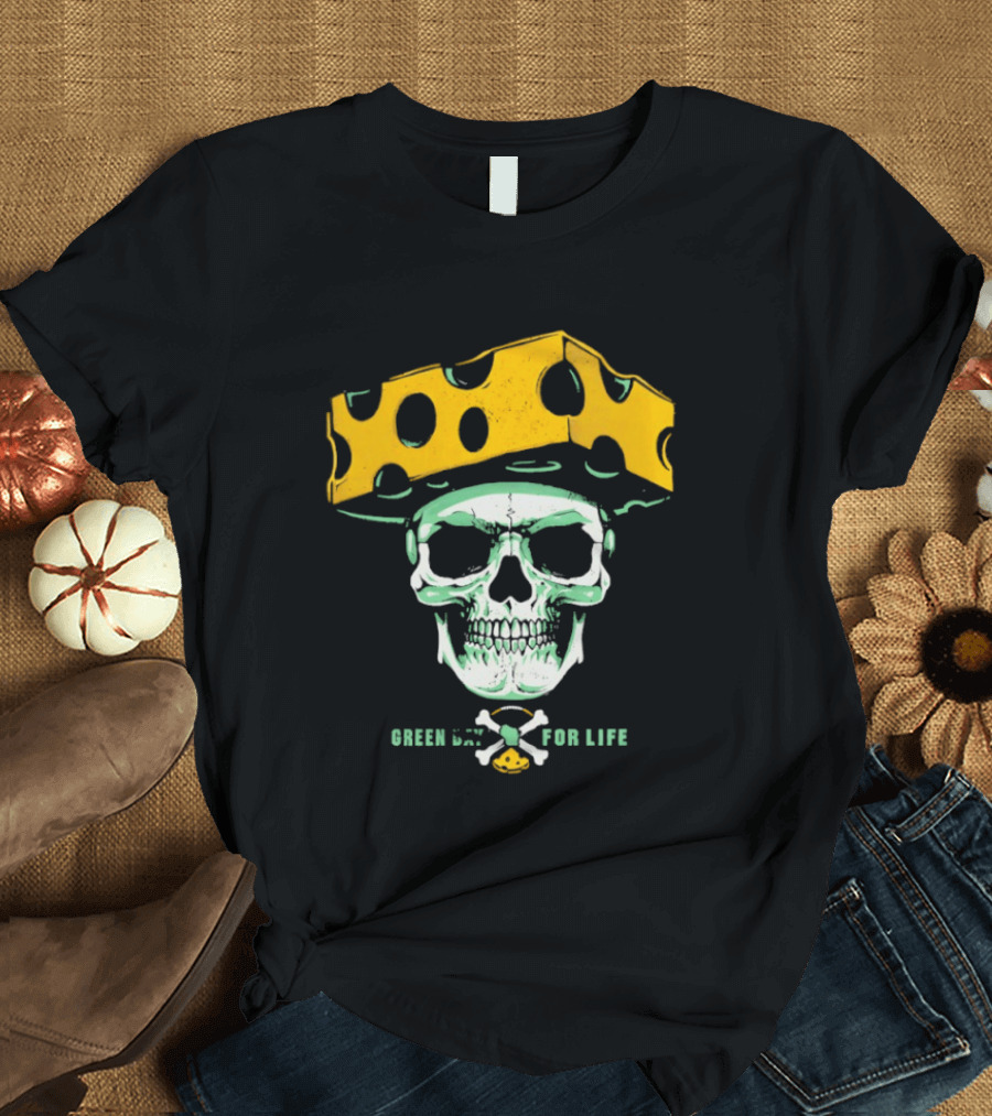 Green Bay Packers For Life Skull Cheesehead T-Shirt