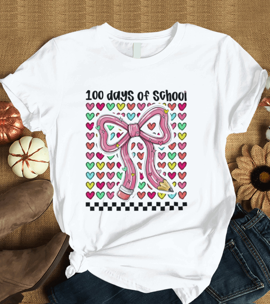 100 Days Of School Valentine Coquette Bow Pencil Hearts T-Shirt
