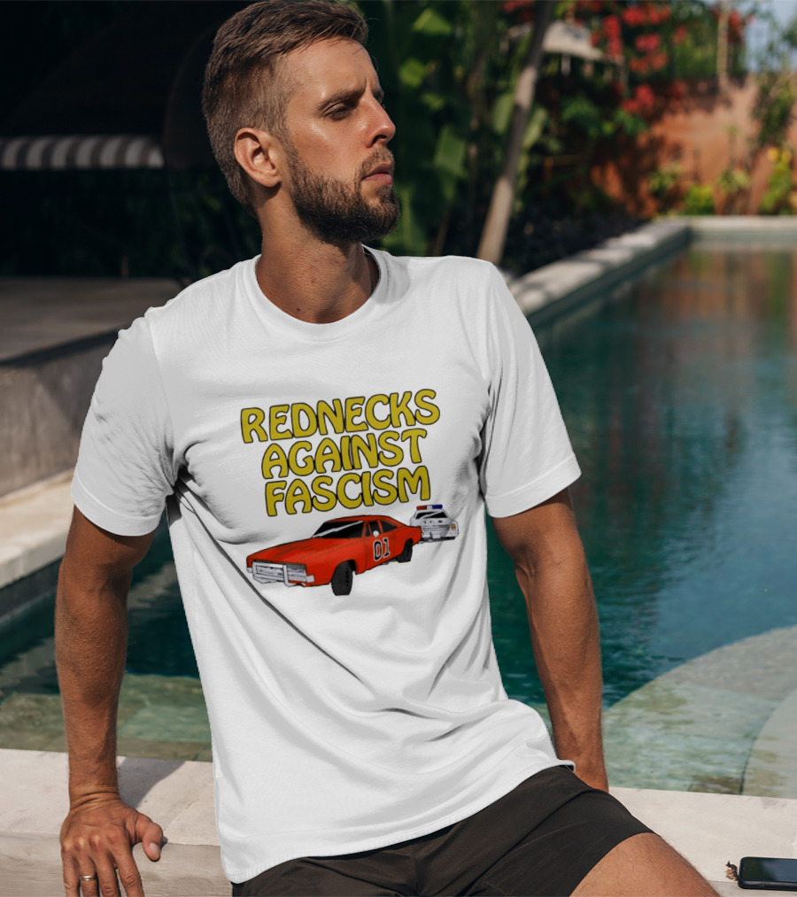 Rednecks Against Fascism Car Cartoon With 01 And Police Chase Scene T-Shirt
