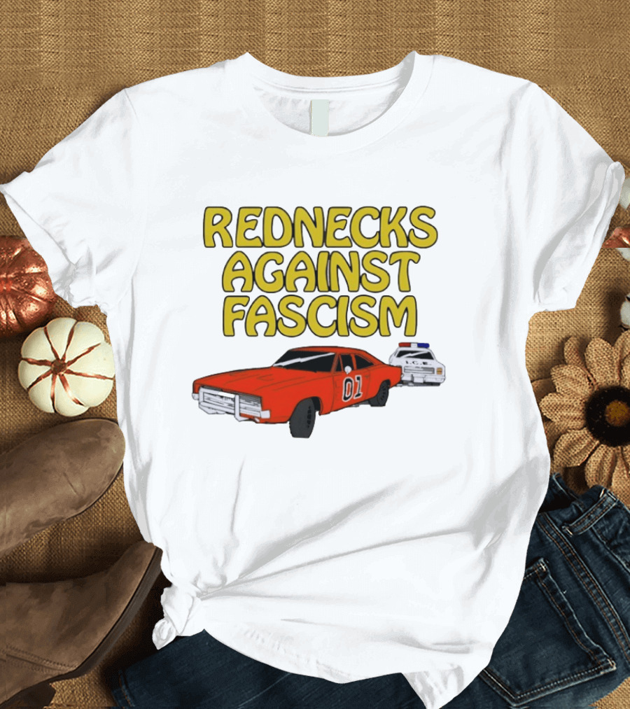 Rednecks Against Fascism Car Cartoon With 01 And Police Chase Scene T-Shirt