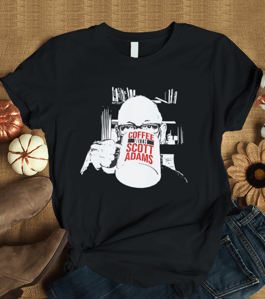 Coffee With Scott Adams Graphic Art And Bookshelves T-Shirt