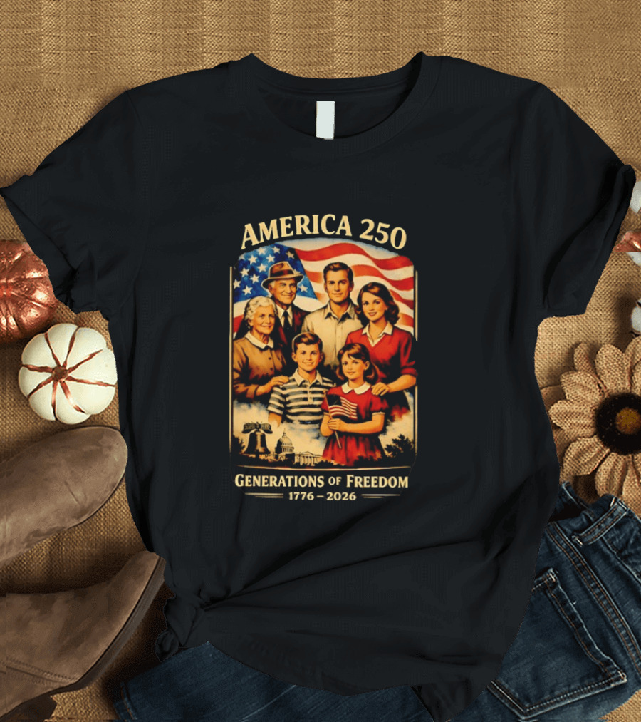America 250 Generations Of Freedom 1776 2026 Vintage Family With Flag T-Shirt