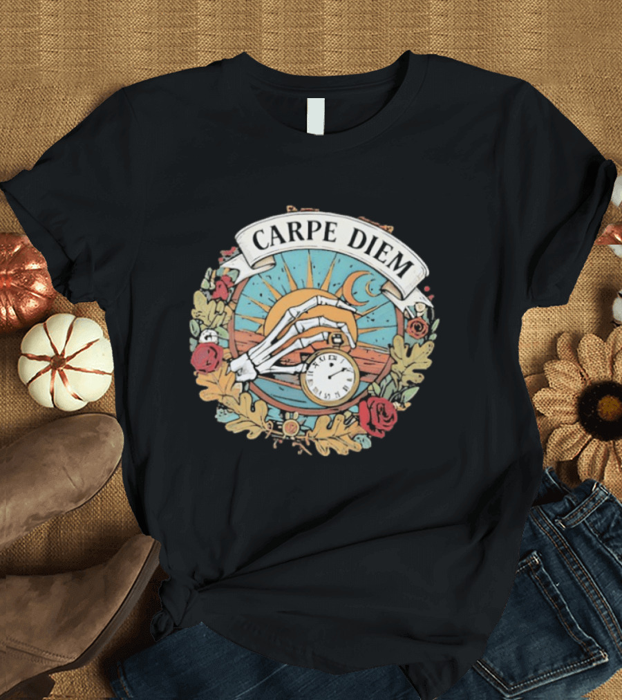 Carpe Diem Memento Mori Skeleton Art Roses Sun Moon T-Shirt