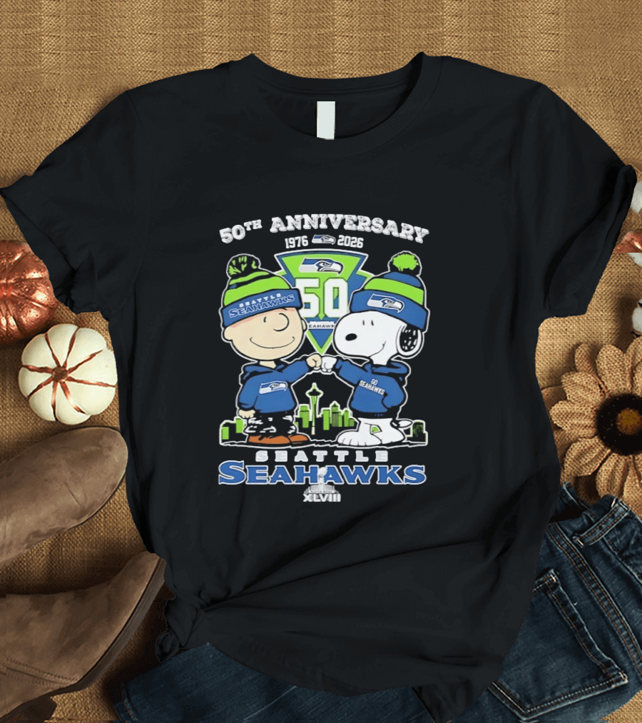 Charlie Brown Snoopy Fist Bump Seattle Seahawks 50th Anniversary Skyline 1976 2026 T-Shirt