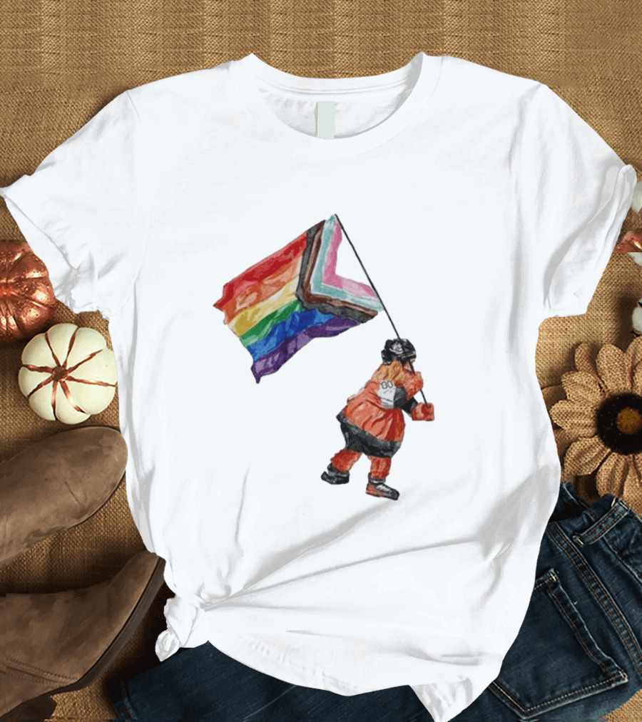 Philadelphia Hockey Mascot Holding Progress Pride Flag T-Shirt