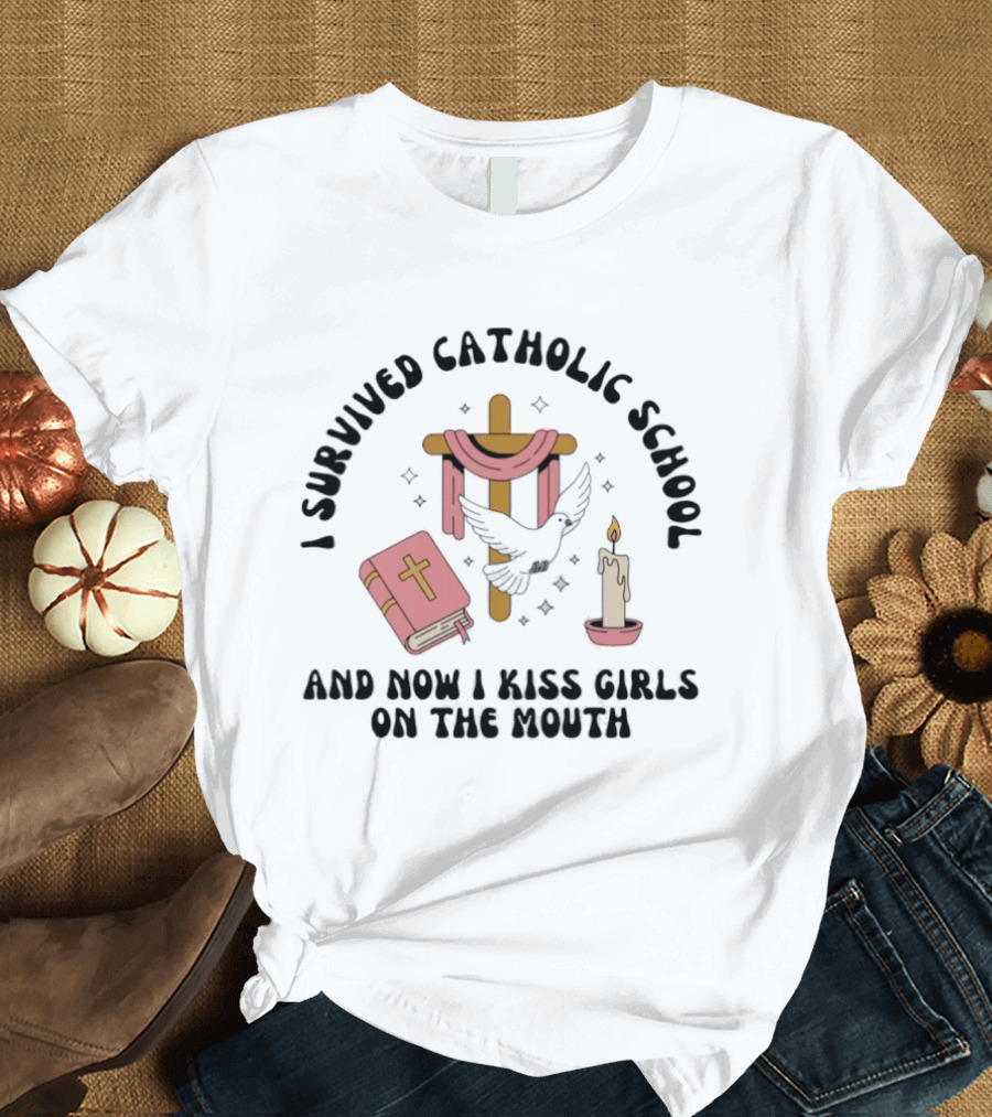 I Survived Catholic School Cross Bible Candle Dove Kiss Girls T-Shirt