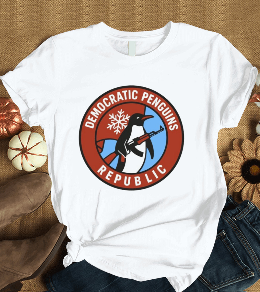 Democratic Penguins Republic Emblem With AK 47 And Snowflake T-Shirt